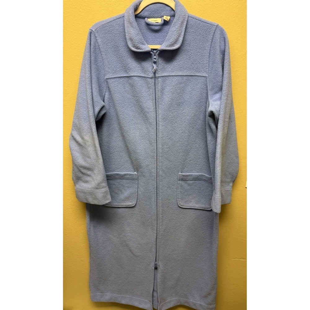 L. L. Bean 2way Full Zip Blue Fleece Bathrobe House Coat Robe Medium Petite